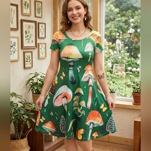 Mushroom Print Cottagecore A-Line Dress in Forest Green